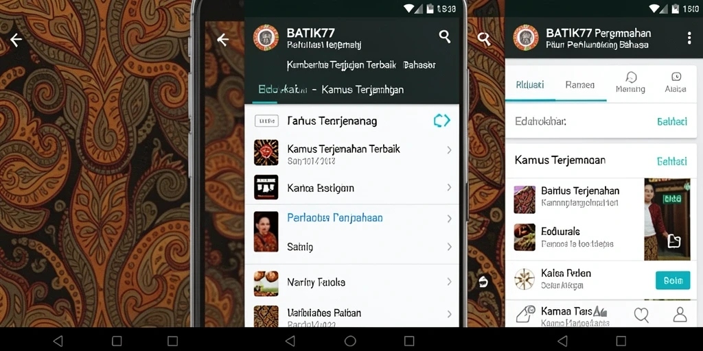 Tampilan antarmuka aplikasi BATIK77 dengan fitur Kamus Terjemahan.