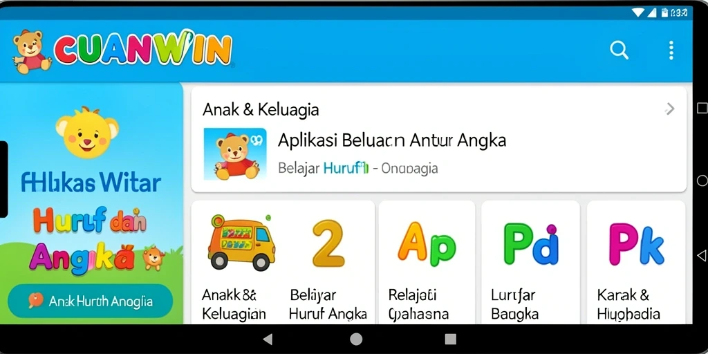 Tampilan interaktif aplikasi CUANWIN untuk belajar huruf dan angka.