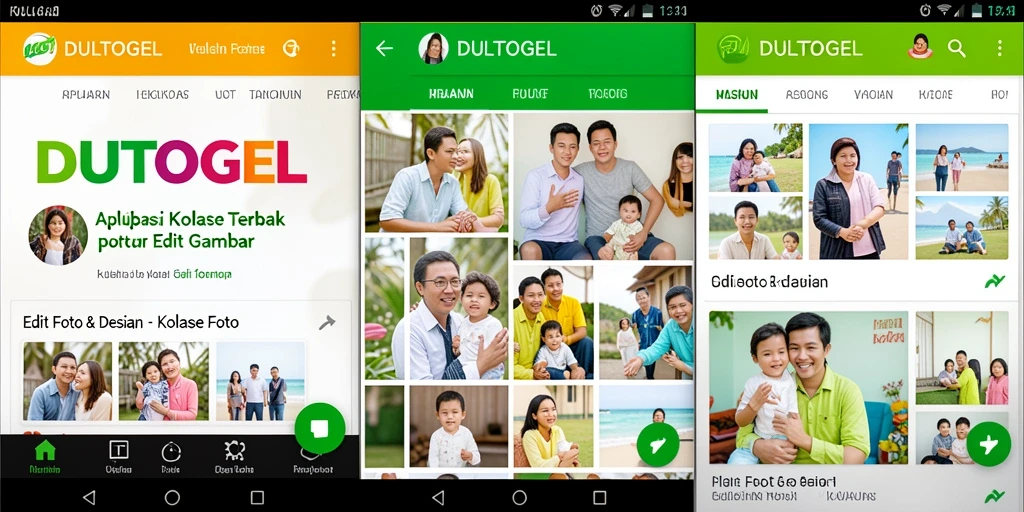 Tampilan antarmuka DULTOGEL yang user-friendly dan fitur kolase foto.